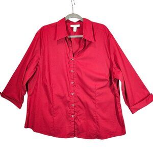 Dressbarn Womens Plus Size Red Button-Up Shirt 22/24W career office Bold Red